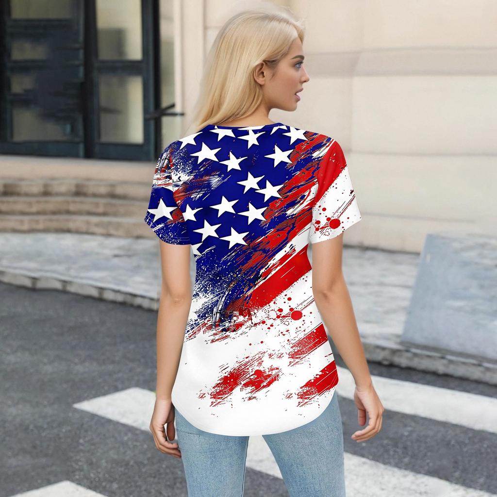 Women's Fashion V-neck Short Sleeve Workwear With Pockets  Independence Day Printed Tops