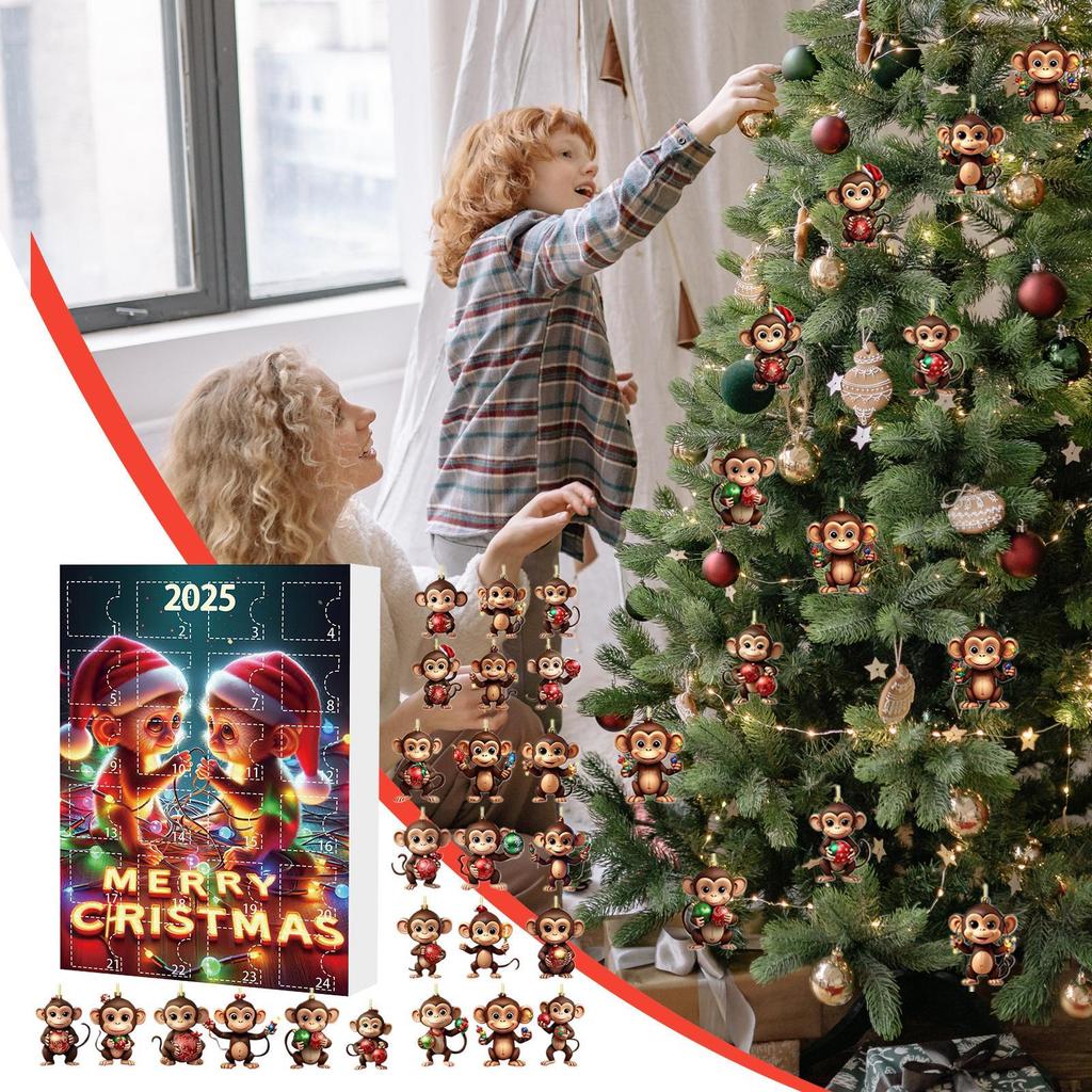 Christmas Countdown Calendar with Acrylic Monkey Pendants 2D Car Ornament 24-Day Advent Calendar for Holiday Offices Room