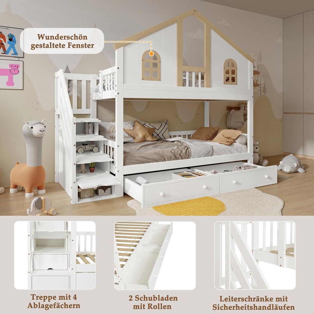 Children's bunk bed 90x200 cm with storage stairs, house bed in white/natural, bunk bed with window design, large drawers and fall protection