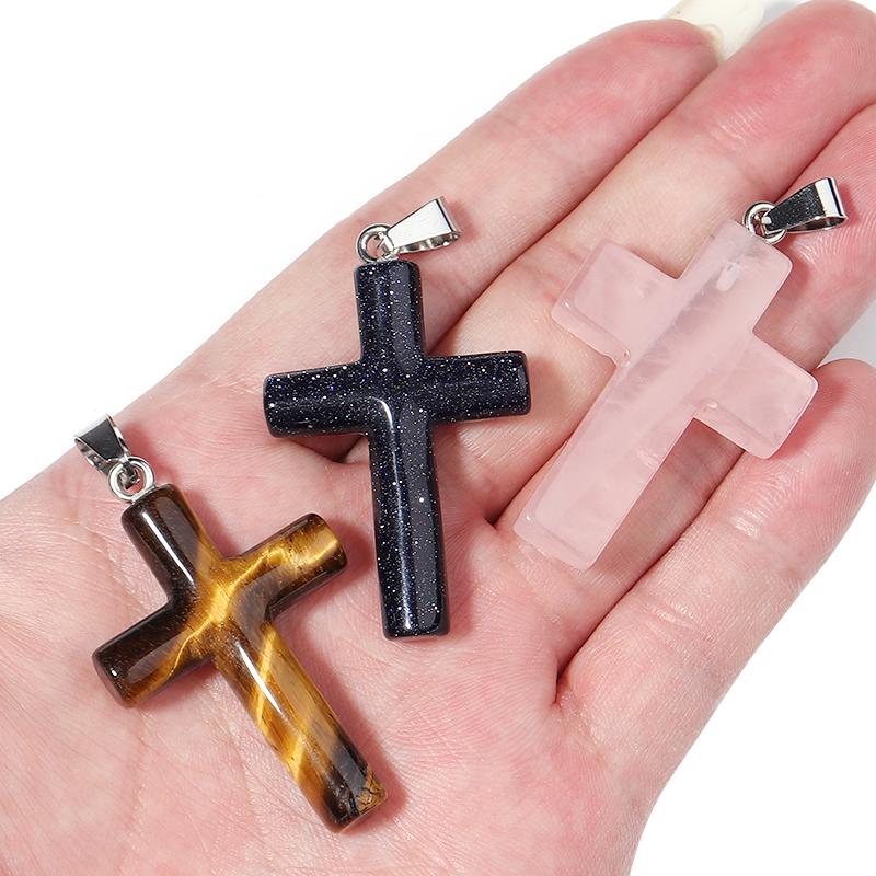 Natural Stone Cross Charm With Metal Loop Tiger Eye Opal Jewelry Prayer Pendant Necklace Making Accessories Diy Components