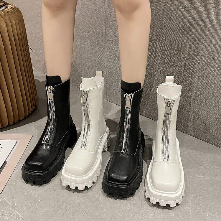 Brand Zipper Women Boots Square Toe Ladies Shoes Med Heels Platform Outwear Winter Leather Thicken Ankle Boots Botas De Mujer
