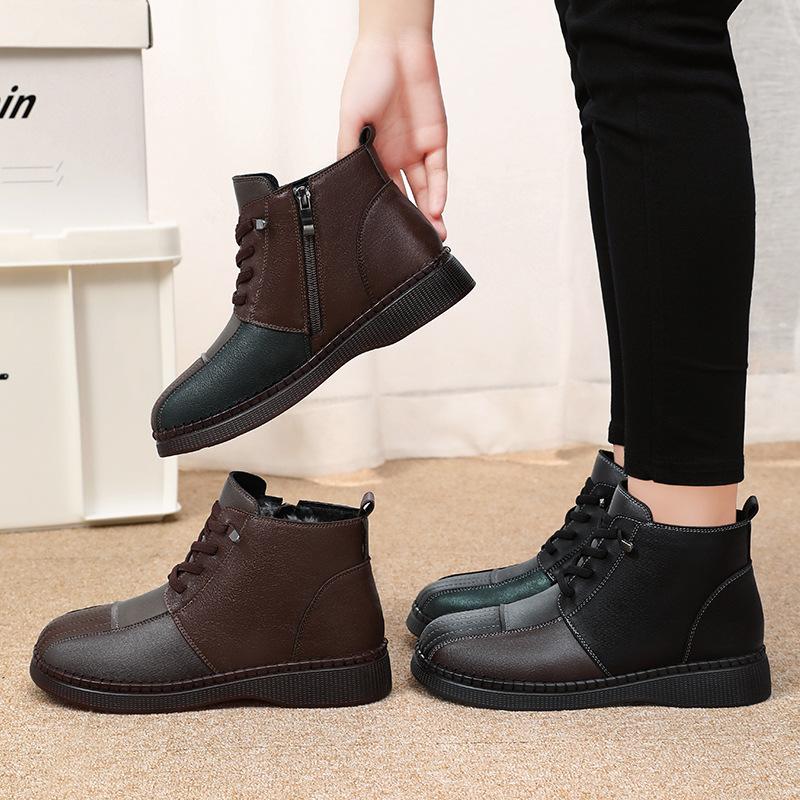 Кожаные женские осенне-зимние новые теплые короткие ботинки на флисовой подкладке на плоской подошве, женские короткие ботинки в британском стиле в стиле ретро