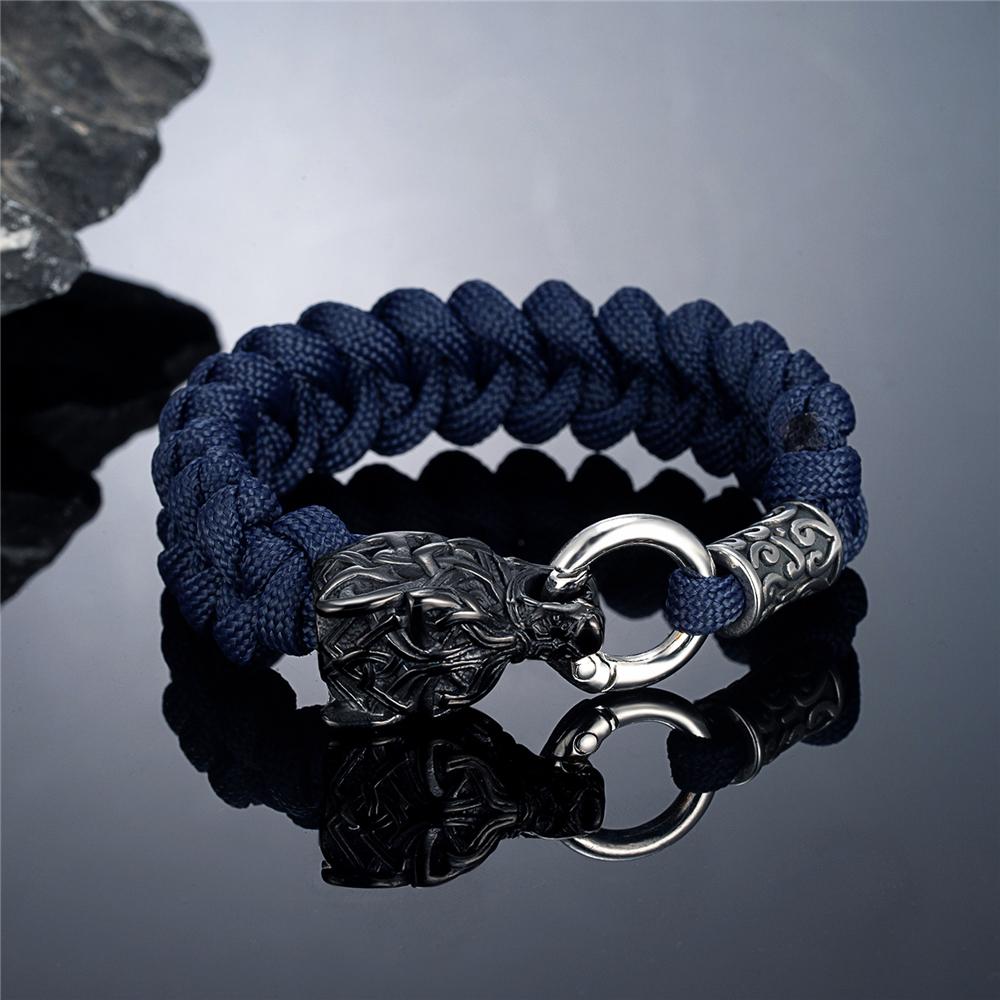 Outdoor Norse Mythology Odins Wolf Bracelet Men Stainless Steel Braided Paracord Rope Wristband Viking Runes Celtic Knot Jewelry