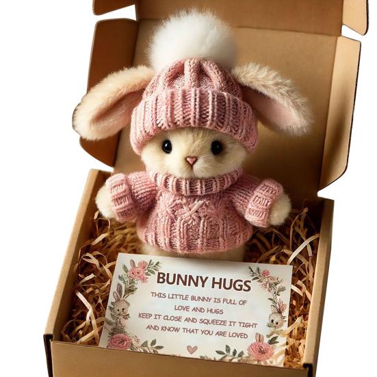 Mini Bunny Hug Easter Gift Plush Stuffed Rabbit Doll with Knitted Hat And Pom Pom Pocket Emotional Support Animal with Gift Box Inspirational Card