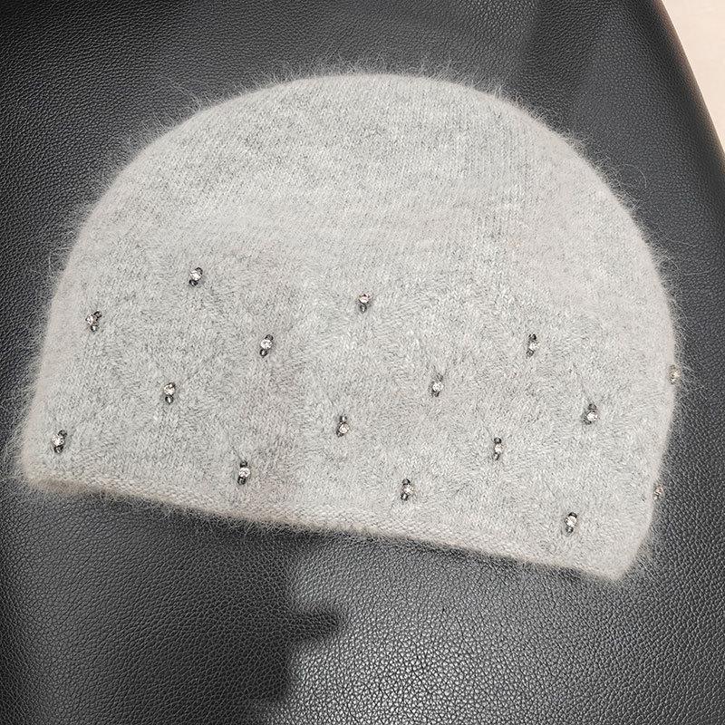 Winter new rabbit plush knitted hat rhinestone warm double inner wool hat women's versatile pullover hat stacking hat