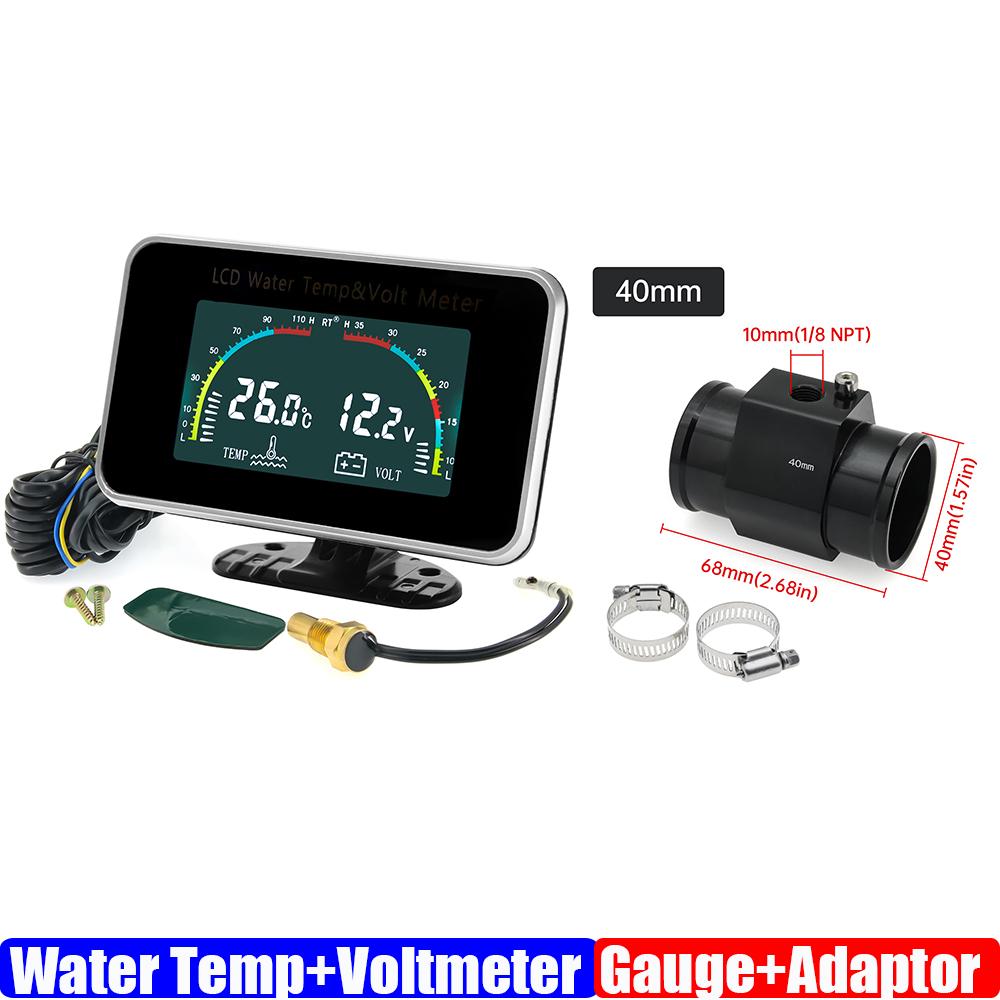 ZMFJH Universal Auto Car Dual Gauge 2 IN 1 LCD Gauge with Sensor Water Temperature+Voltmeter Water Temp Joint Sensor 26-40MM