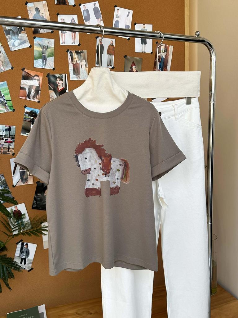 Мультяшная футболка с радужным пони, круглый вырез - Омолаживающая, Универсальная, Короткий рукав, Повседневная