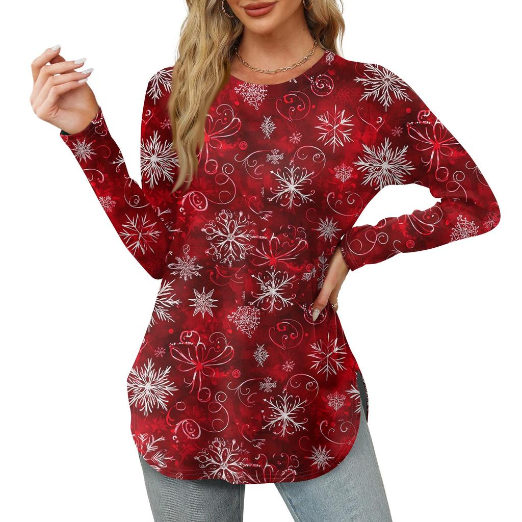 Womens Long Sleeve Round Neck Shirts Side Split Basic Loose Tunic Tops Christmas Print  Casual Shirts