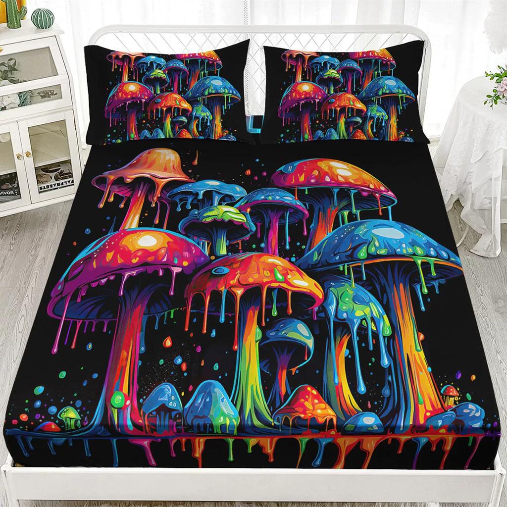 Psychedelic Mushroom Fitted Sheet Set, Psychedelic Bed Cover with Pillowcase, Colorful Bedding Set 2pcs for Kids Girls Adult