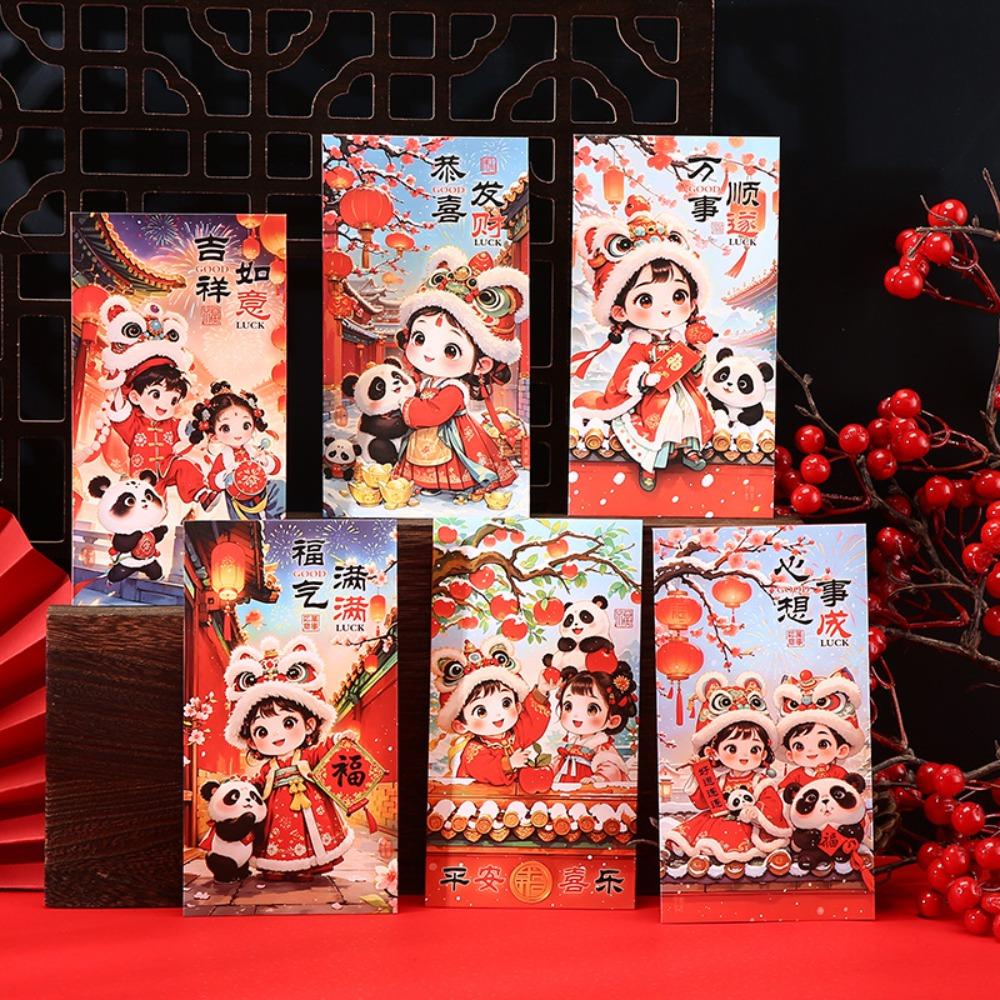 6pcs Chinese Style New Year Red Envelopes Traditional Hongbao God of Wealth Red Pocket Blessing Lucky Money Packet
