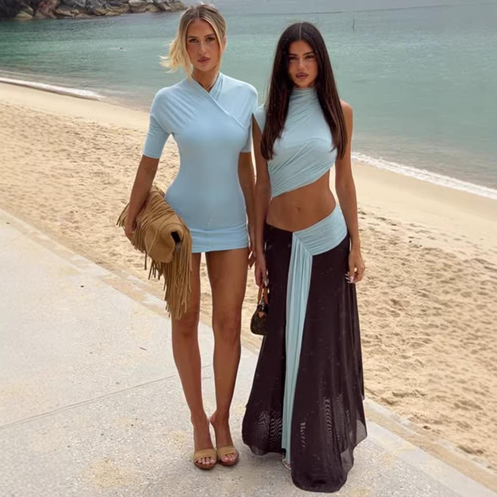 Women's Summer Fashion 2 Piece Outfit Sleeveless Crop Top and Low Waist Skirt Color Block Two Piece Set
