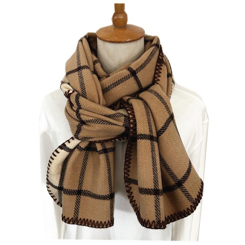 Double Sided Scarf for Women In Autumn and Winter Korean Style Checkered Imitation Cashmere Neck Scarf with Edge Thickened and High End Shawl Trend