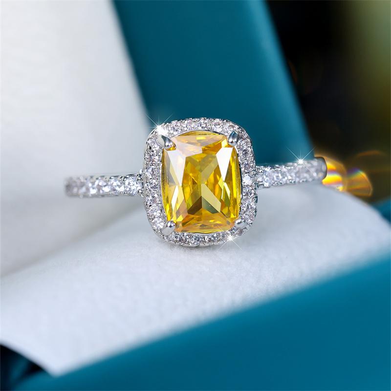 Модное серебристое кольцо прямоугольной огранки с желтым камнем, роскошное обручальное кольцо с любовью, свадебные украшения