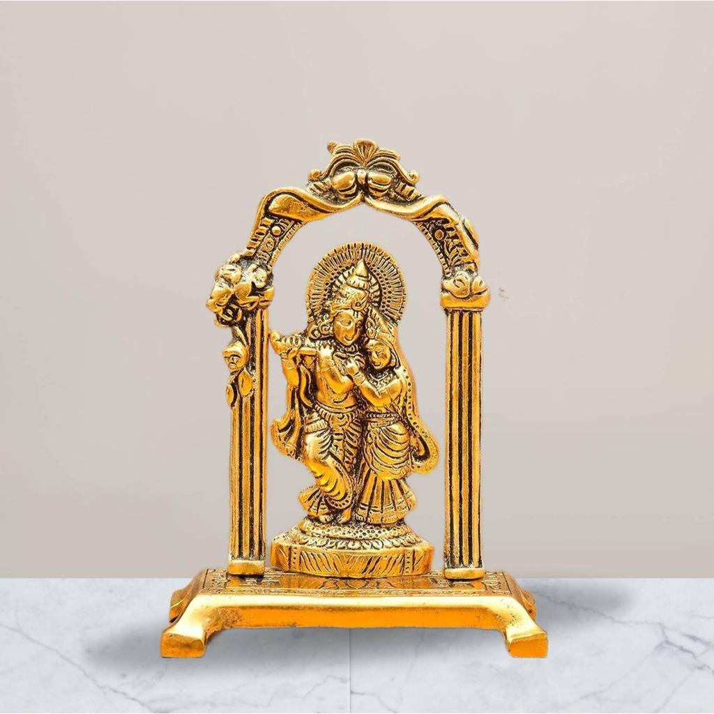 Шоу-стоппер / Идол Бога / Статуя Бога / Радха Кришна Мурти Декоративный экспонат - 18 см (Алюминий, Золото)