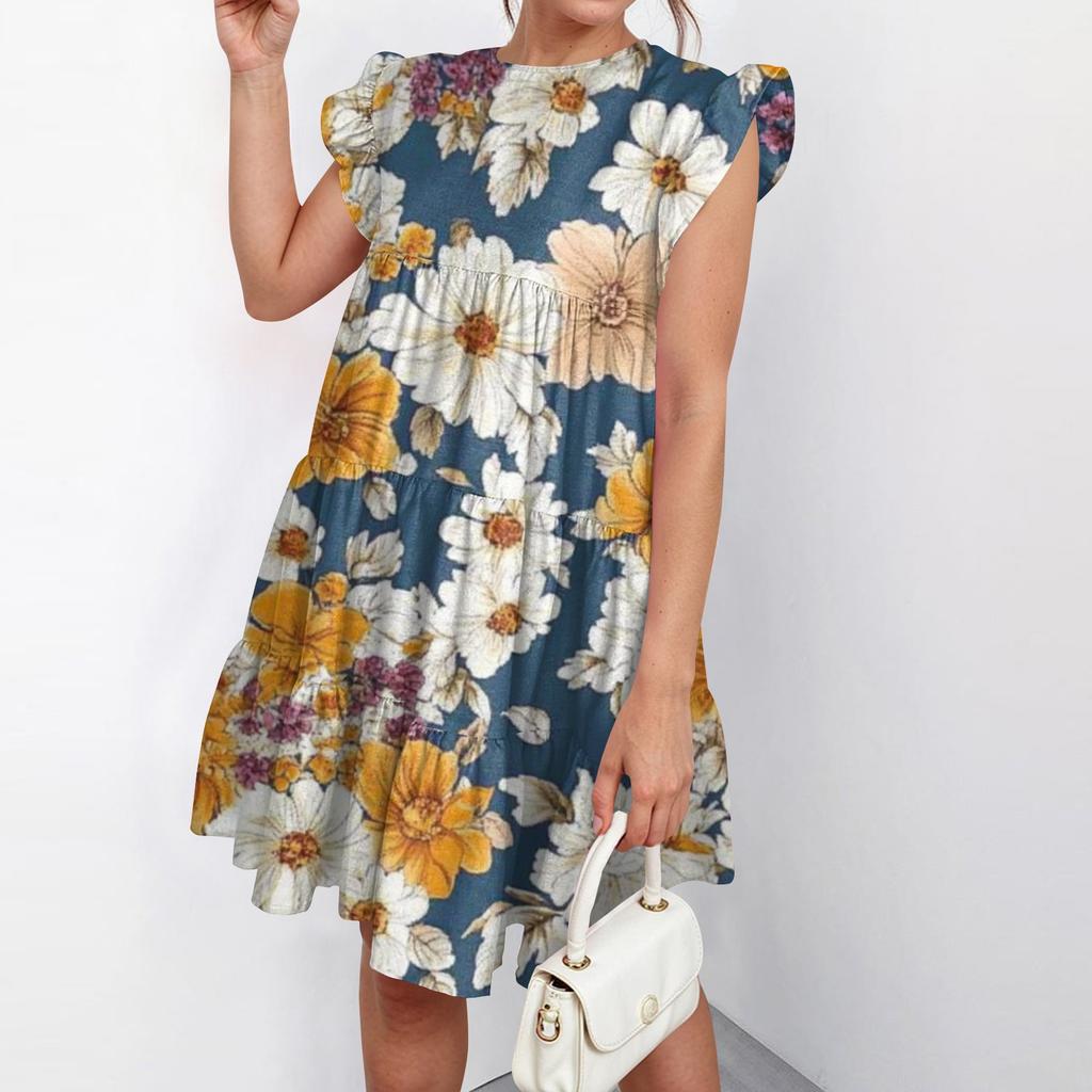 Женская мода лето повседневный О-образный вырез рукав оборки без рукавов струящаяся короткая туника платье