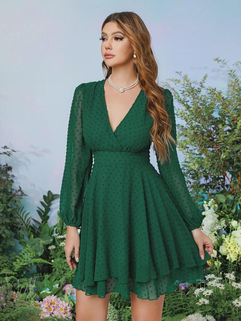 Высококачественное шифоновое платье с V-образным вырезом для женщин - летний европейский и американский стиль, облегающая посадка, элегантная короткая юбка для поездок на работу