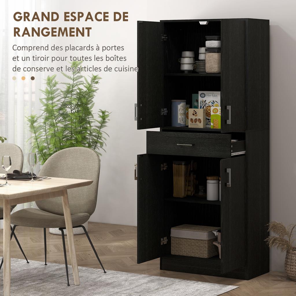 Tall buffet kitchen cabinet 4 doors 2 cupboards and 1 central drawer height 180 cm with 2 adjustable shelves black