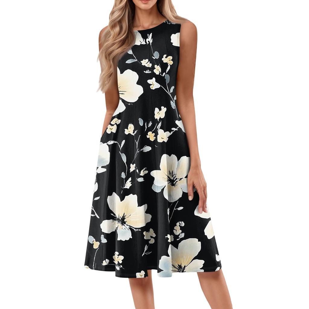 Женское повседневное модное платье миди с цветочным принтом и круглым вырезом без рукавов