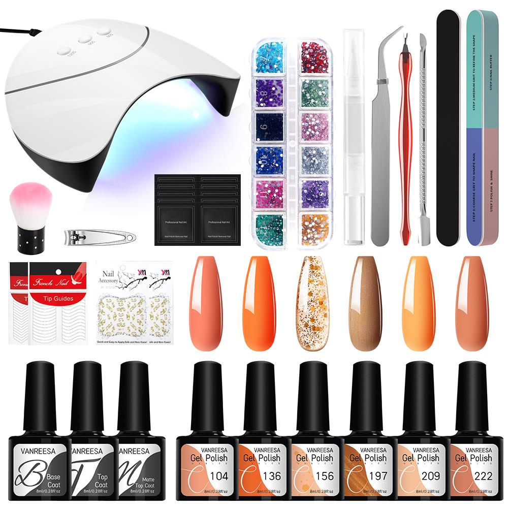 VANREESA Набор гель-лаков для ногтей с лампой для сушки ногтей мощностью 36 Вт, 6 шт., замачиваемый УФ-светодиодный полупостоянный набор гелей для ногтей, набор инструментов для дизайна ногтей