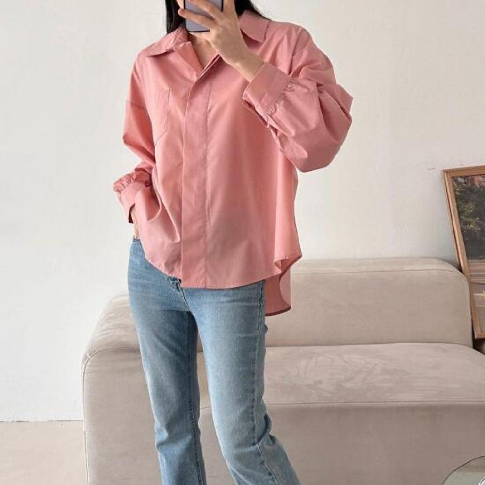New Arrivals Open Run Hidden Placket Balloon Shirring Long Sleeve Loose Fit Cotn
