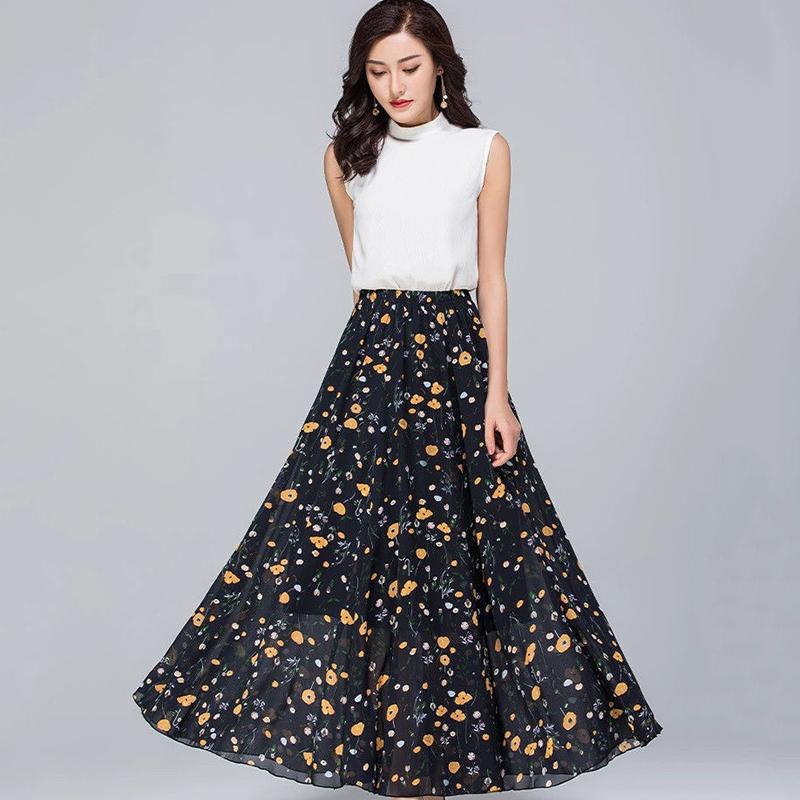 Шифоновая юбка женская с цветочным принтом средней длины с высокой талией тонкая ретро большая распашная юбка трапециевидной формы для танцевального темперамента пляжная юбка весна-лето