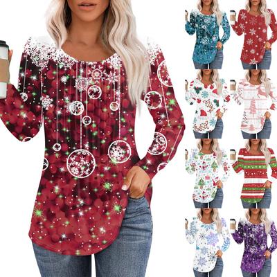 Женская повседневная футболка с круглым вырезом и длинными рукавами с рождественским принтом и складками