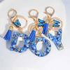 Fashion Blue Glazed Stone A To M Letter Keychain Initials Alphabet Butterfly Tassel Pendant Car Keyring Women GIft Accessories