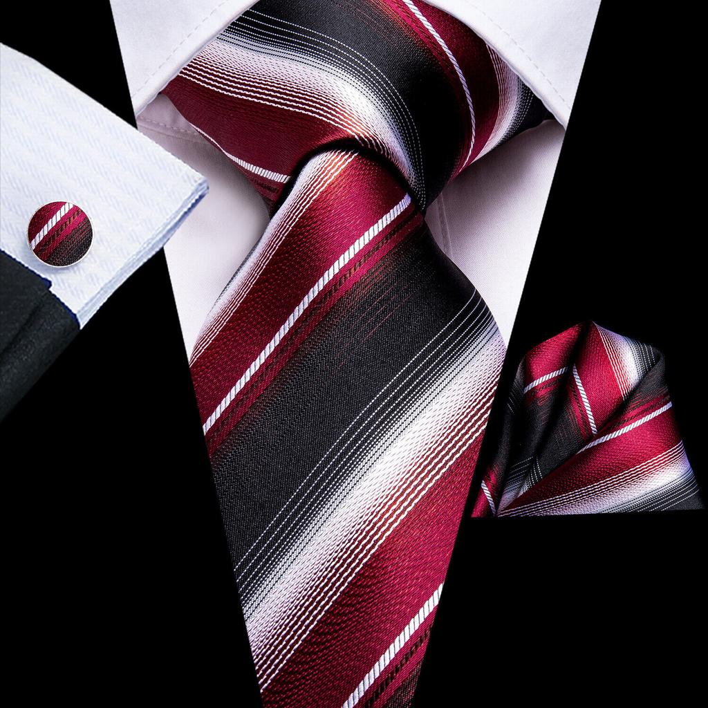 Hi-Tie Fashion Mens Wine-Red Paisley Necktie Hanky Cufflinks for Business Wedding