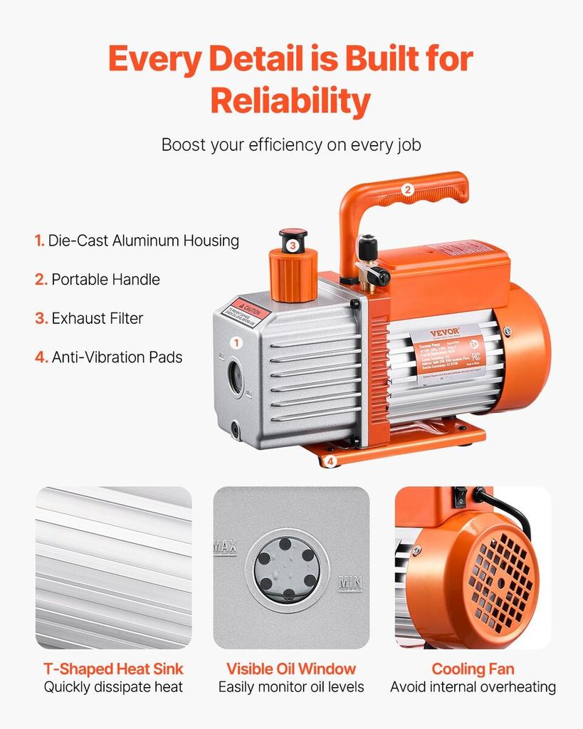 Vacuum Pump 6 CFM HVAC 2 Stage Rotary Vane Vacuum Pump Oil Included