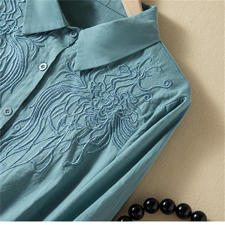 Хлопково-льняная блузка с вышивкой, однотонная весенне-осенняя рубашка на пуговицах, повседневный свободный топ с длинными рукавами с лацканами для женщин