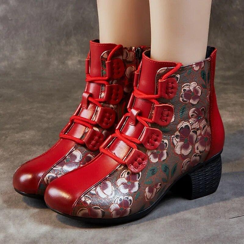 Johnature Короткие ботинки, женские теплые женские туфли с круглым носком и толстым каблуком в этническом стиле, на мягкой подошве с принтом