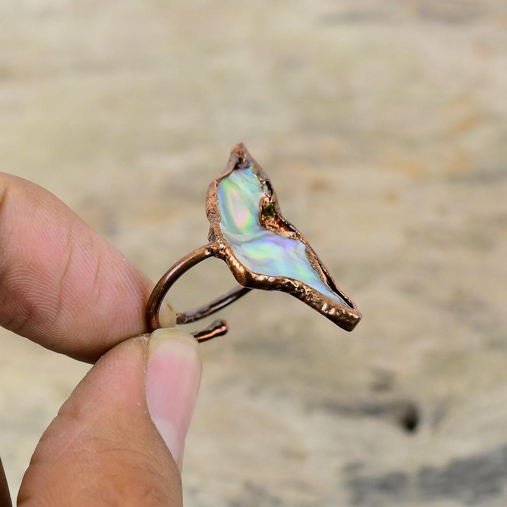 Abalone Shell Rough Ring Electroformed Copper Ring Adjustable Gemstone Ring Electroformed Jewelry Handmade Ring Gift For Him Statement Ring