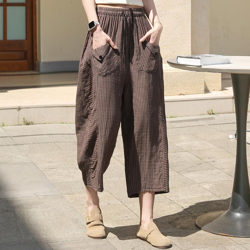 Повседневные летние полосатые брюки женские винтажные одежды больших размеров элегантные женские брюки с эластичной резинкой на талии