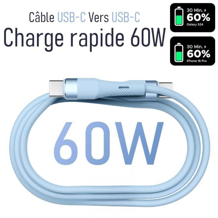 2x Câble USB-C 60W Charge Rapide pour Redmi 14C, 13C, A3, Redmi Note 14, Note 13 Pro, Note 12, Note 11-11S - Bleu 1 Mètre