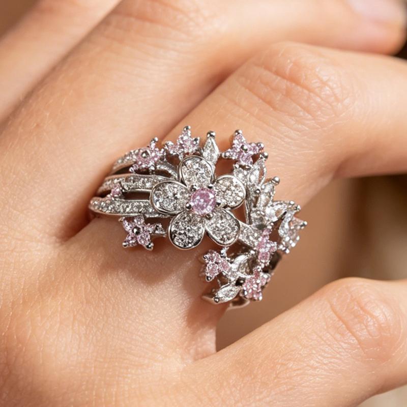 Vintage Romantic Pink Synthetic Zircon Cherry Blossom Ring for Women Floral Cubic Zirconia Statement Ring Anti-Allergy Bridal party, ball, birthday
