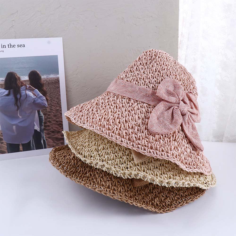 Bow Bucket Hats Solid Color Outdoor Visor Caps Anti-UV Sun Hat Shading Hat Korean Style Cap Women Sun Hat Seaside Straw Hat