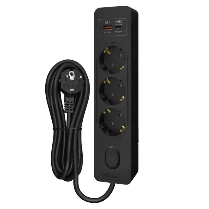 Multiprise SELDUR G3TH32S, 3 prises type F + interrupteur, USB A+C charge rapide 20W, Noir, câble 3m