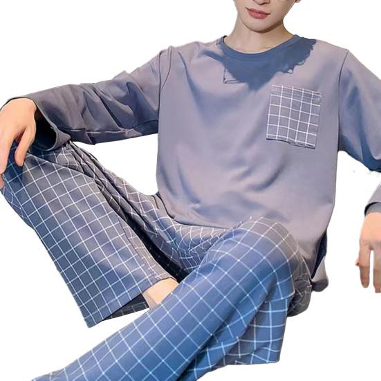 2 шт./компл., мужской пижамный комплект, весенне-осенний комплект с круглым вырезом и длинным рукавом, клетчатый топ с буквенным принтом, длинные брюки с эластичной резинкой на талии, комплект мужской пижамы, домашняя одежда