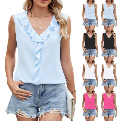 Женский шифоновый свободный топ без рукавов с V-образным вырезом и оборками