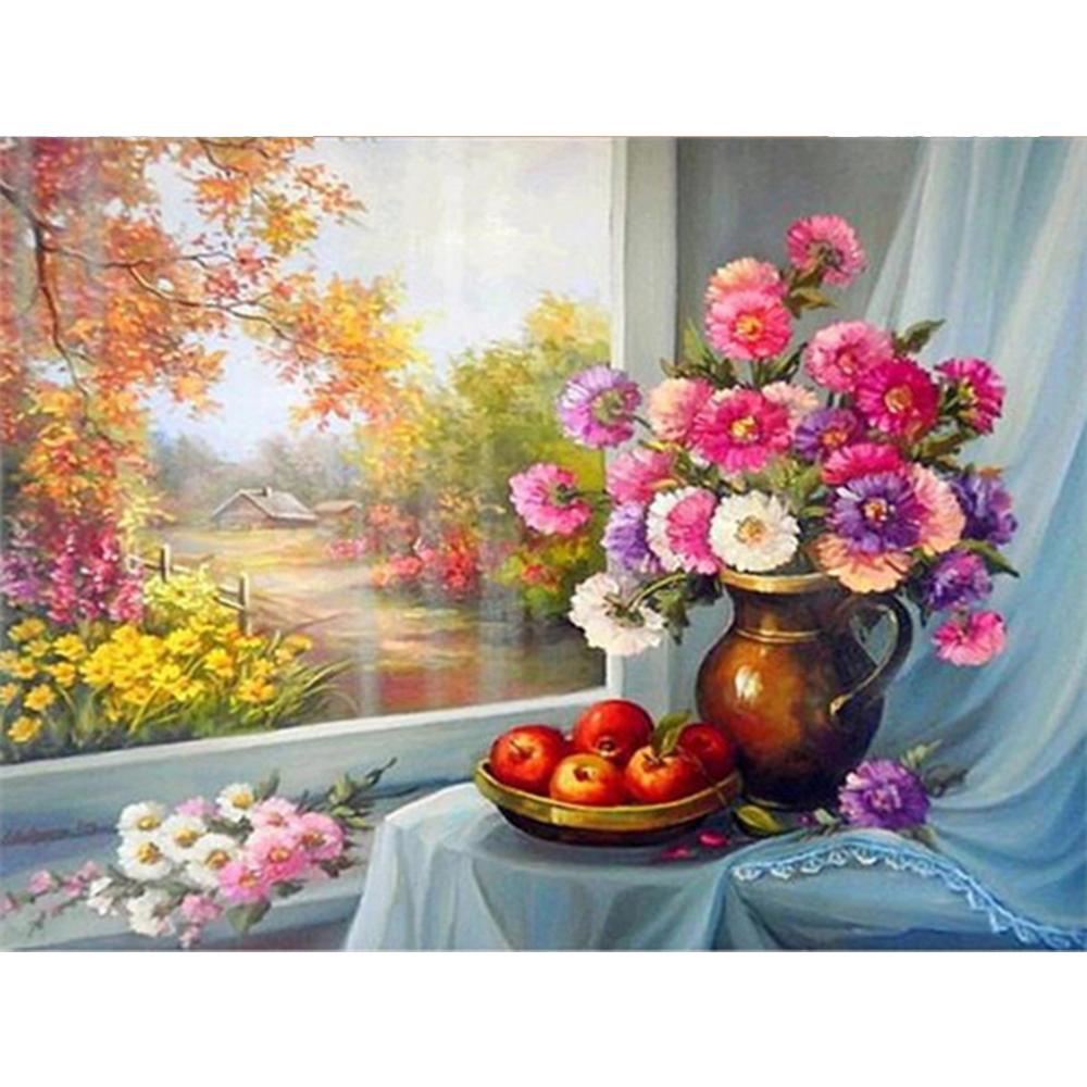5D DIY Алмазная картина Цветочная мозаика Окно Полный дрель Алмазная вышивка Ремесленный комплект Изображение Горный хрусталь Домашний декор