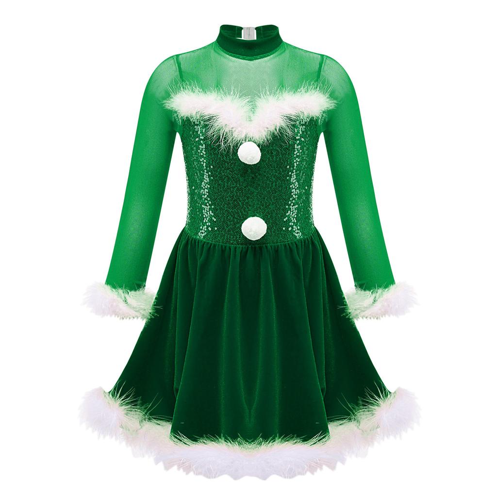 Girls Christmas Shiny Sequin Dance Dress Long Sleeve Feather Keyhole Back Jumpsuit Dress Performance Costume