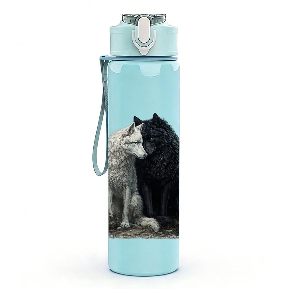 1PC Two Wolf Snuggle Dark Animal Print 750ml Color Plastic Sports Water Bottle Leakproof Flip Straw Lid Suitable for Sports Office Home Use