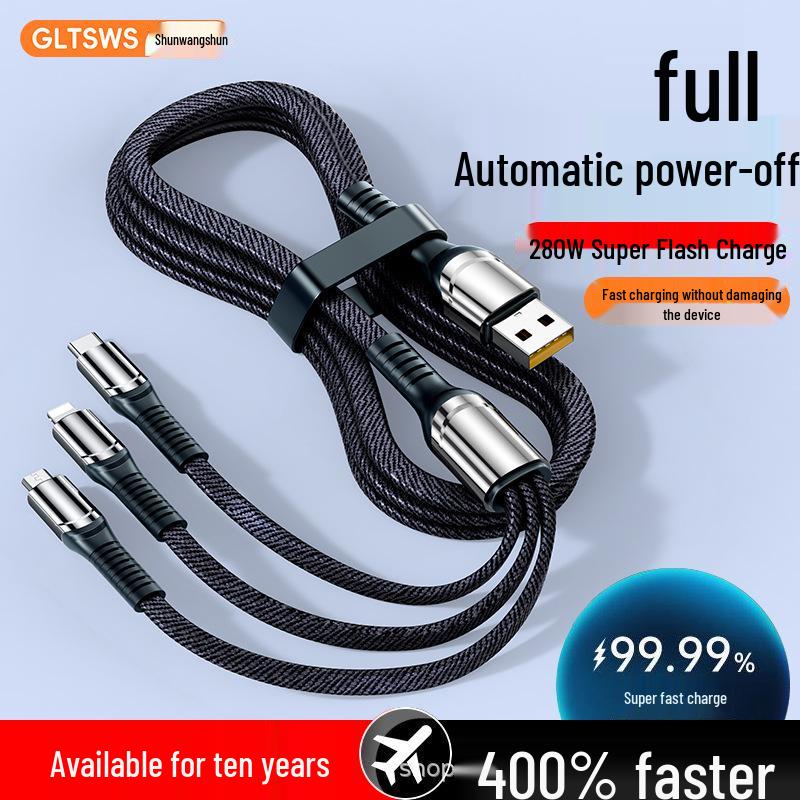 Shun Wang Shun 240W 3-в-1 Плетеный кабель для передачи данных, Сверхбыстрое зарядное устройство 6A для устройств Apple и Huawei