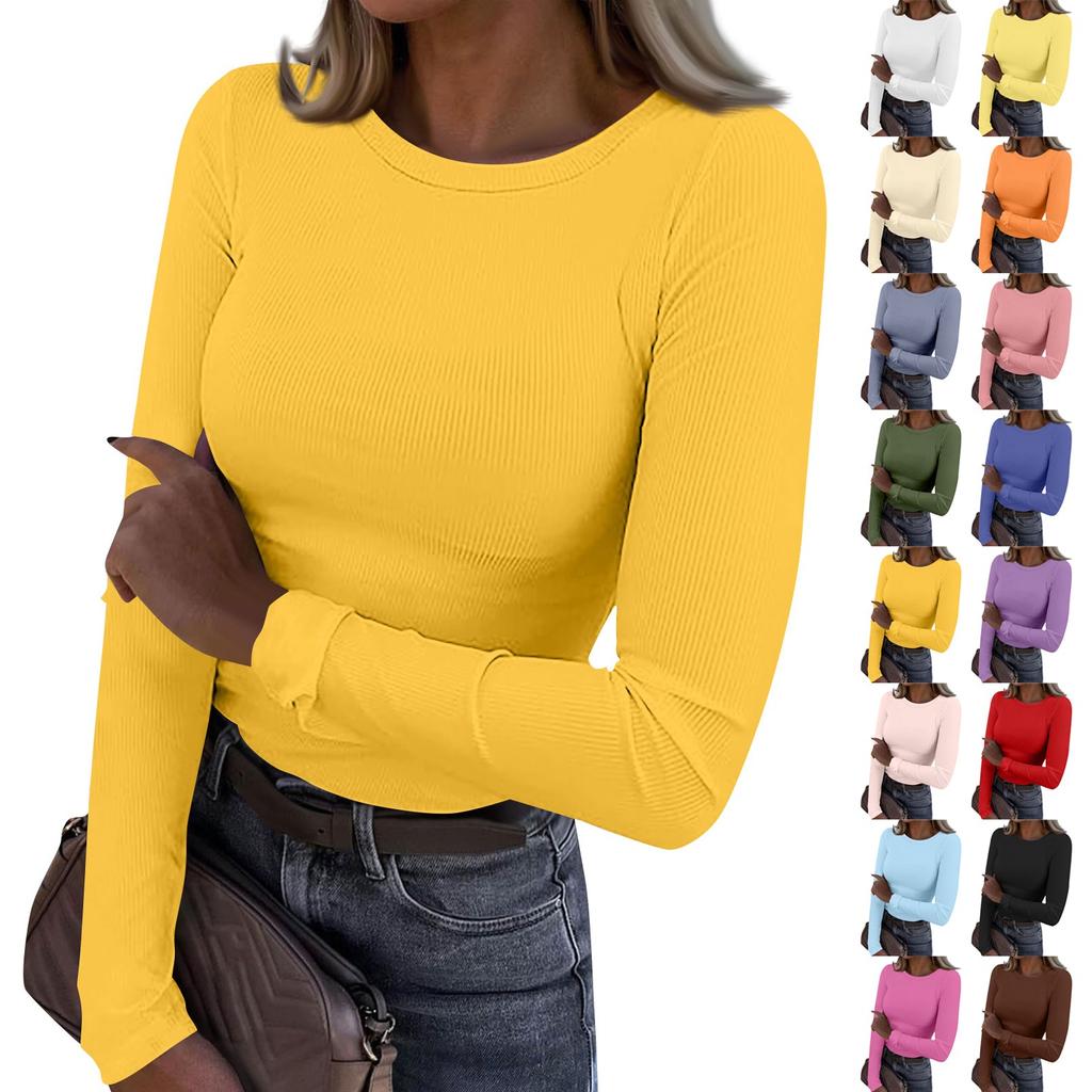 Женская и зимняя футболка с тонким низом, модный повседневный однотонный свитер с круглым вырезом и длинными рукавами