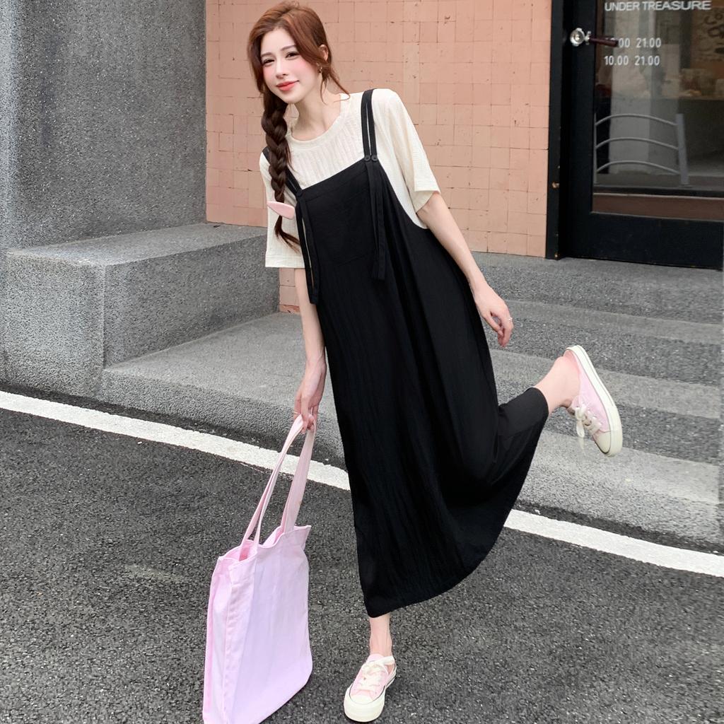 Dimanaf 2025 Summer Plus Size Dress Women Loose Casual Dress Basic Vintage Short Sleeve Elegant Long Fake Two-Piece Dress