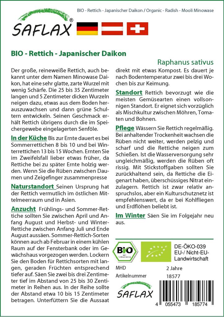 SAFLAX Garden in the Bag - Органический - Редис - Mooli Minowase - 100 семян - С субстратом в подходящем мешке - Raphanus sativus
