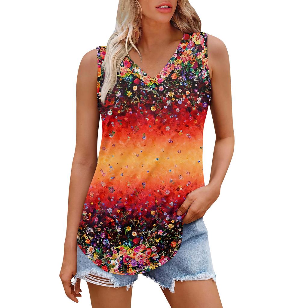 Женская майка с V-образным вырезом и принтом, повседневная майка, свободный крой, топы без рукавов, струящиеся