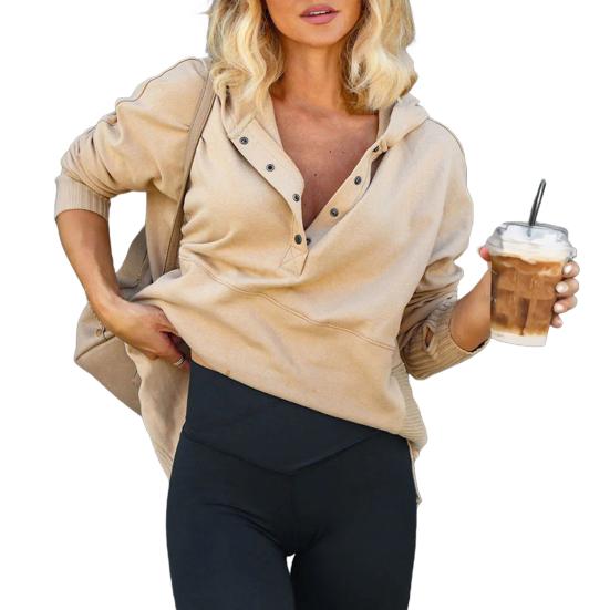 Женская толстовка с капюшоном большого размера на пуговицах с V-образным вырезом, длинными рукавами и карманами на весну, осень, зиму