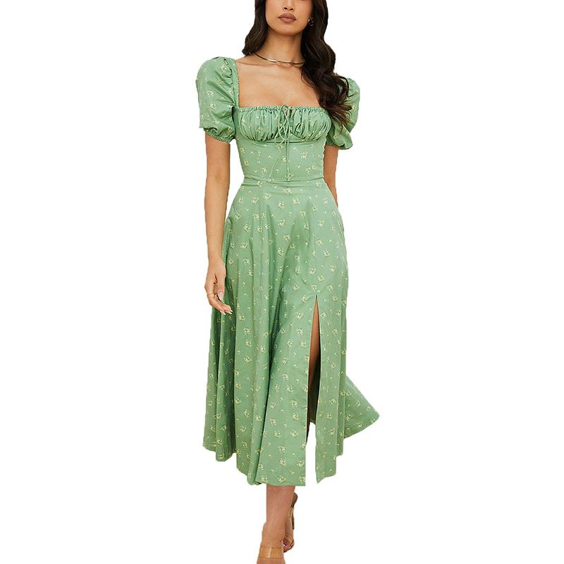 Летнее платье с высокой талией и цветочным принтом на одно плечо, модное платье-фонарик с коротким рукавом и цветочным принтом, элегантное длинное платье со шнуровкой и разрезом 26212