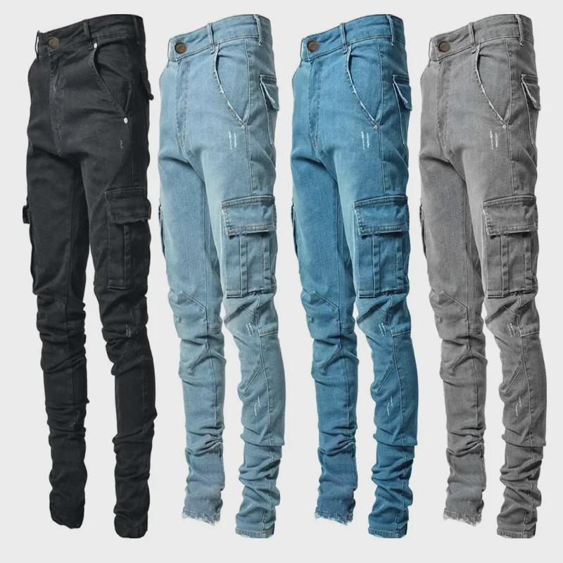 Мужские облегающие рабочие брюки из денима с несколькими карманами